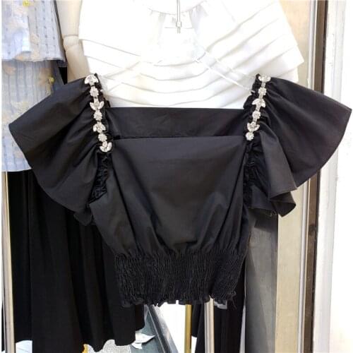 Exquisite Rhinestone Blouse Women Sexy Off-Shoulder Square Collar Flying Sleeves Shirts Ladies Blusas Slim Fit Crop Top