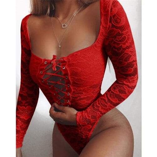 2021 White Hollow Out Lace Bodysuit Women Spring Autumn Clothes Long Sleeve See Through Sexy Criss Cross Jumpsuit Romper Female
