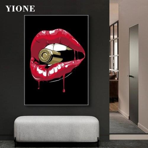 Red Lips Bullet Canvas Picture Abstract Bad Girl Mouth Black Poster Oil Painting Print Wall Art Decor for Living Room Bedroom