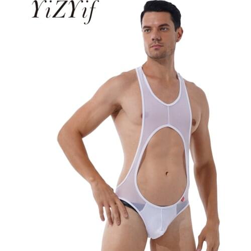 Mens Lingerie Wrestling Singlet Bodysuit Hollow Out Sleeveless See-through Mesh Gymnastics Fitness Bulge Pouch Skinny Jumpsuit