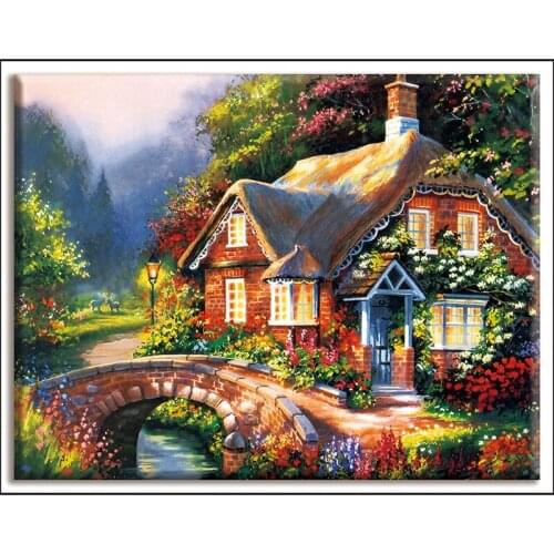 14/16/18/28 Dmc,Cross-stitch,house,Oil painting landscape ,Diy,Needlework,kits,White canvas ,cotton thread,Sets