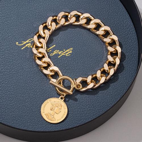 2021 New Punk Trend Retro Chain Thick Bracelet For Women Simple Geometric Gold Color Metal Round Portrait Bracelet Party Jewelry