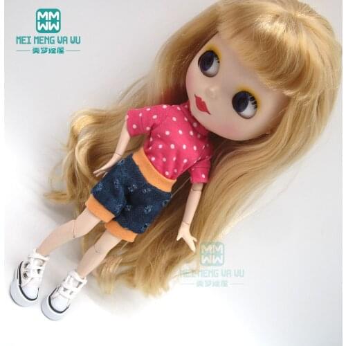 1pcs Blyth Doll Clothes fashion Rose red dot T-shirt, denim shorts, sneakers for Blyth Azone OB23 OB24 1/6 doll accessories