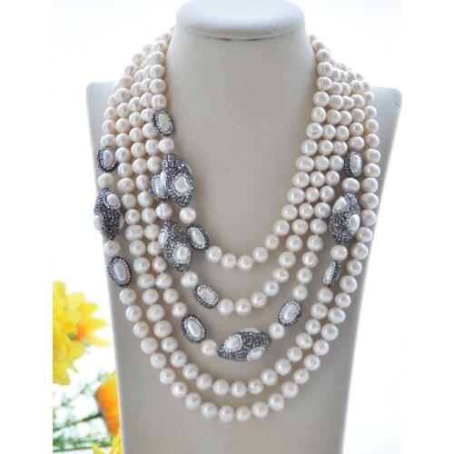 P7477 100" Black White Round Freshwater Pearl Shuttle CZ Necklace