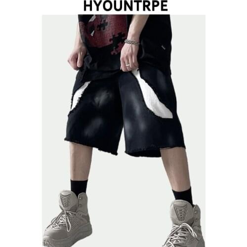 High Street Shorts Mens Casual Ripped Patchwork Jeans Shorts Hip Hop Letter Graffiti Loose Streetwear Pants Joggers Shorts Men