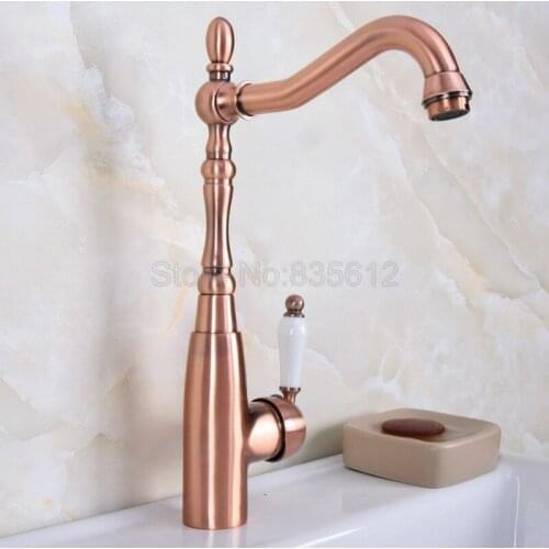 Red Copper Swivel Spout Bathroom Faucet Wash Basin Mixer Sink Faucets Deck Mount Ceramic Handle Cold &Hot Water Mixer TapWnf634