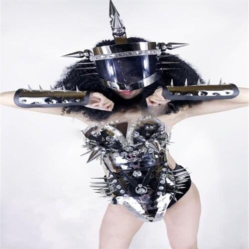 Sexy rivet mirror silver clothes Stage show ballroom dance dress bra bar party ktv helmet robot performance wears costume dj