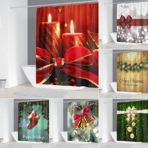 Lighted Christmas Fabric Shower Curtains Printed Happy New Year Bell Ribbon Sock Pattern Bath Curtain for Bathroom Decoration