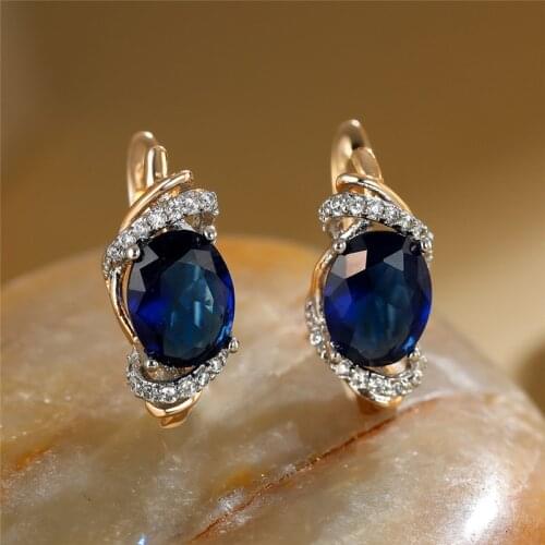 Dainty Crystal Oval Stone Wedding Earrings Simple Fashion Female Blue Zircon Earrings Vintage Gold Color Hoop Earrings For Women