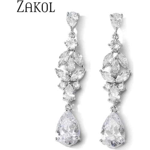 ZAKOL Classic Luxury White Gold Leaf Cubic Zirconia Long Earring Wedding Drop Earrings for Women Gift Jewelry FSEP5113