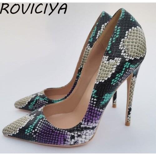 New Fahion Gradient Snake Print Pointed Toe 12cm High Heel Women Pumps Thin Heel Dress Stiletto Shoes YG017 ROVICIYA