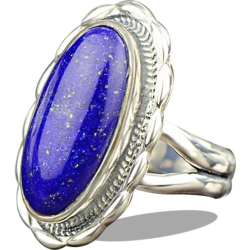 Luxury Lapis Rings For Women Silver 925 Jewelry Oval Natural Gemstone Ring Fashion Wedding Party Gift Adjustable Ring
