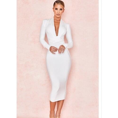 DEIVE TEGER New Fashion Sexy Party Stand Deep V-Neck Full Sleeve Bodycon Mid-Calf Club Sheath Dress 8038