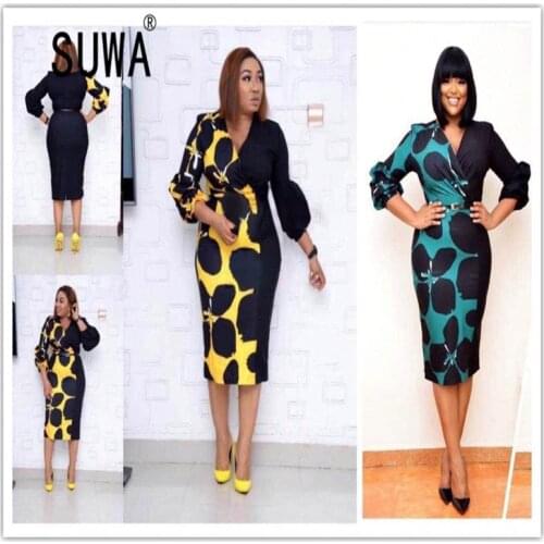 Contrast Color Print Sheath Knee Length Dresses For Women Long Sleeve High Waist Elegant Office Lady Dresses Free Shipping