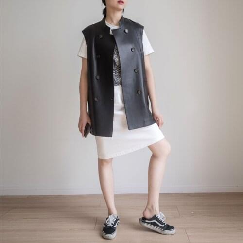Japan style womens spring autumn genuine Vests high quality real leather Waistcoat B643