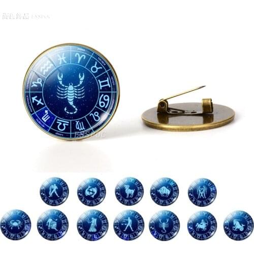 12 Zodiac Sign Jewelry Glass Cabochon Constellations Photo Antique Bronze Brooch Women Pins Men Badge