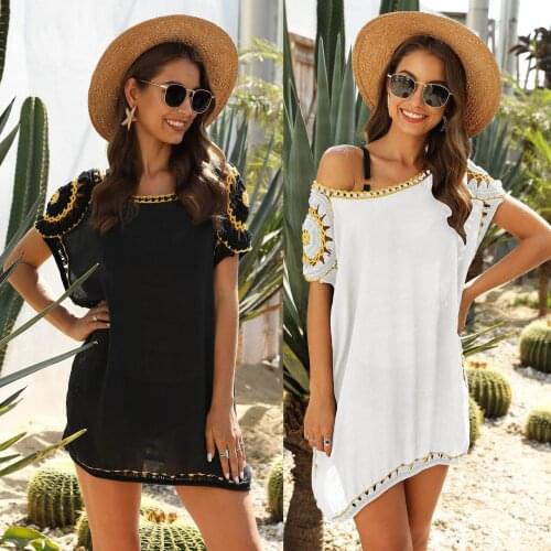 2021 new summer fashion womens crochet stitching irregular beach bikini blouse loose short sleeve dress