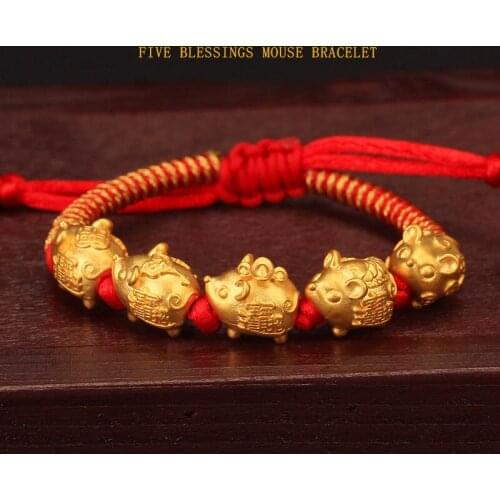 999 Real 24k Yellow Gold Bracelet Women Luck 3D Five Blessing Mouse Rat Bracelet Weave