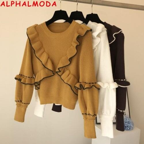 ALPHALMODA Cute Ruffled Sweater Women Winter Warm Stylish Ruffled Trim Solid Fashion Knit Jumper Outfit Top