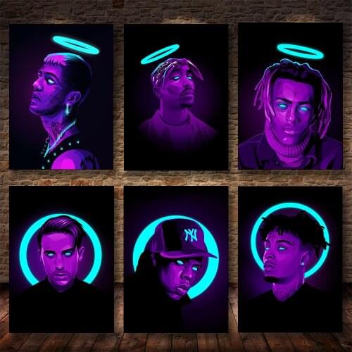 Biggie 2pac Lil Peep Hip Hop Rapper Neon Poster Travis Scott Music Star Fashion Wall Art Canvas Painting Bar Cafe Living Decor