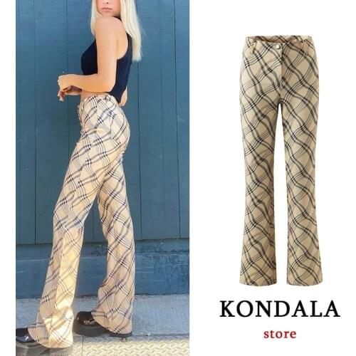KONDALA Za Women Plaid Print Pants Vintage Fashion 2021 High Waist Button Trousers Streetwear Sexy Women Pants