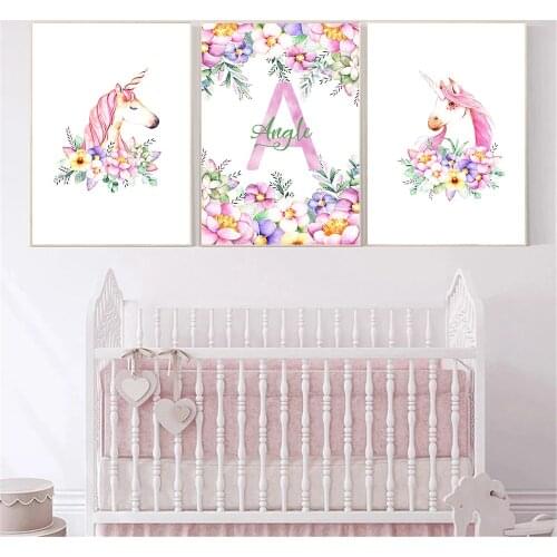 Nursery Wall Art Print Girl Custom Name Canvas Painting Flower Cartoon Unicorn Poster Nordic Wall Pictures Baby Kids Room Decor