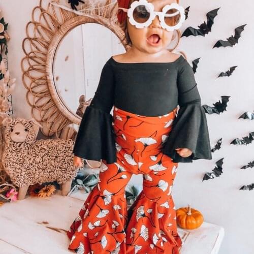 2Pcs Kids Autumn Outfits, Solid Color O-Neck Flared-Sleeves Tops+ Printed Bell-Bottoms for Girls, 6 Months to 5 Years