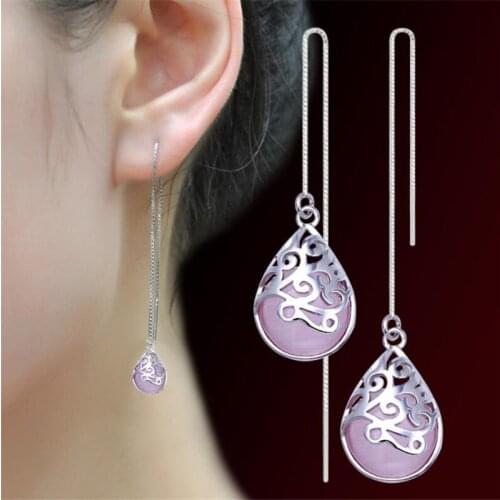 KOFSAC New Teardrop-Shaped Drop Earrings 925 Sterling Silver Earring For Women Crystal Cats Eye Stones Jewelry Girl Best Gifts