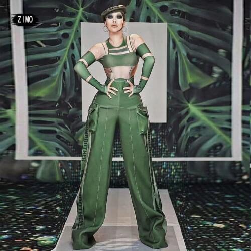 Sexy Green Military Uniform Long Sleeves wide leg jumpsuit Nightclub Bar Outfit Womens Dance Stage Wear Jumpsuit Outfit fashion