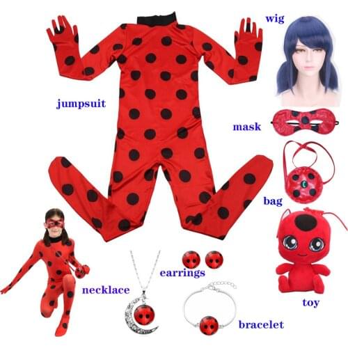 Girls Halloween Costume Girls Children Spandex Red Dots Costumes for Kids Jumpsuit Necklace Earrings Wig Bag Mask Girl Xmas Suit