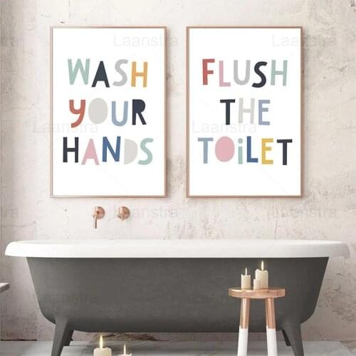 Colorful Quotes Canvas Painting Bathroom Toilet Rules Wall Art Cartoon Poster Flush Toilet/Wash Your Hands/Brush Your Teeth Sign