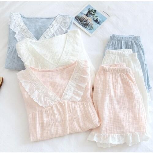 Summer Ladies New Pajamas Set Lace Two-Piece Cotton Crepe Ins Wind Short-Sleeved Shorts Fresh And Thin Female Home Wear