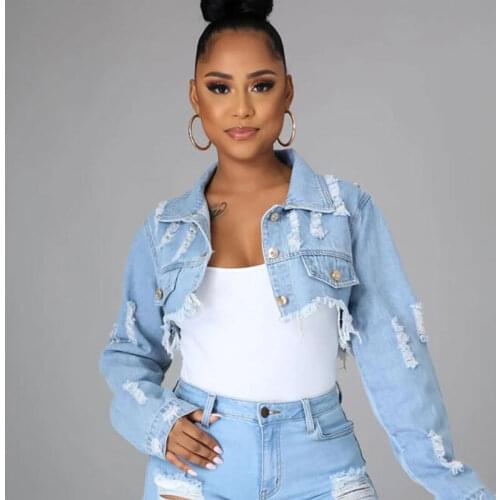 Summer Fashion Short Denim Jacket With Chain Women Hole Ripped Jean High Waist Jacket Street Style
