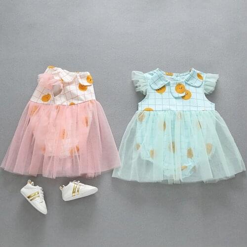 Infant sweet summer baby girls jumpsuit fruit print lattice mesh dress cute fluffy net lace princess Jumpsuit