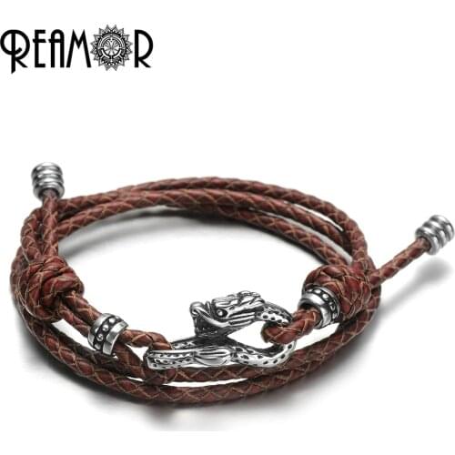 REAMOR Multi-layers Handmade Braided Genuine Leather Adjustable Bracelets Men Stainless Steel Dragon Snake Clasp Bracelet Gifts