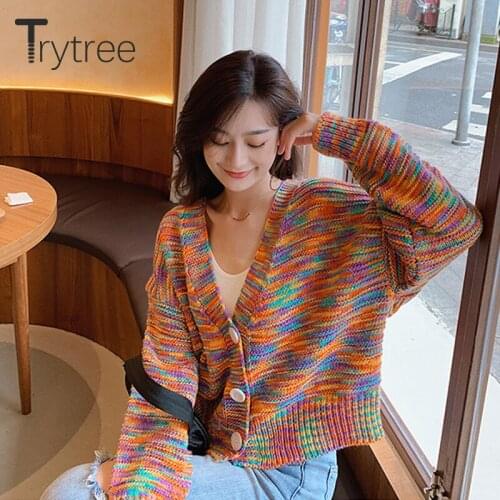 Trytree Autumn Woman Casual Sweater Color Stripes Cardigan Women V-neck Single Breasted Sweater Knitted Short Coat Top for Women