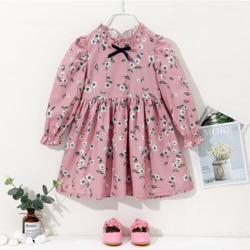 FOCUSNORM 2-7Y Autumn Kids Girls Lovely Dress Flowers Printed Long Puff Sleeve Ruffles Knee Length A-Line Dress