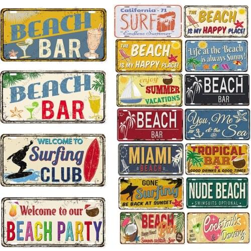 Beach Decorative Plate Summer Metal Tin Sign Retro Poster Metal Plaque Club Bar Home Surf Wall Decor Signs Industrial Decoration