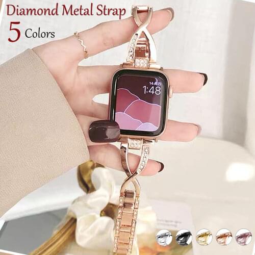 Ladies Wrist For iWatch Series 6 Se 54321 38mm/42mm/40mm/44mm Stainless Steel Loop For Apple Watch Band Diamond Strap+Case