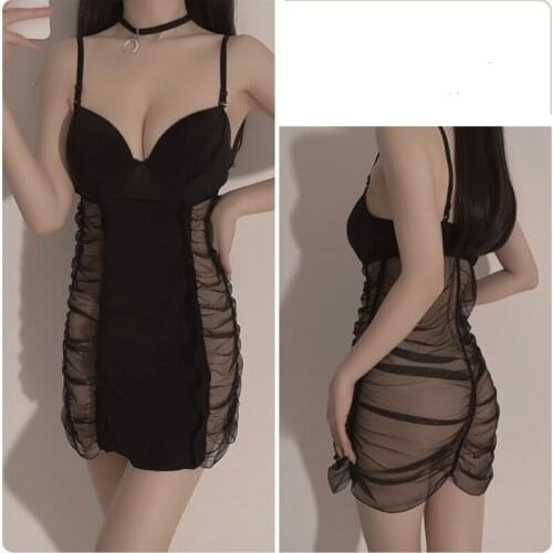 Sexy Lingerie Sexy Suit Skirt Black Mesh See-Through Nightdress Cosplay Strap Open Crotch Exposed Deep V Breast Suit