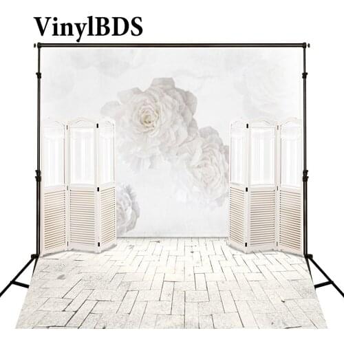 VinylBDS Indoor Wedding Backdrop White Wood Backdrop White Flowers Background Solid Brick Floor Background for Photocall Wedding