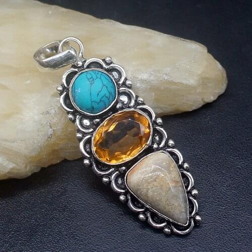 Gemstonefactory Jewelry Big Promotion 925 Silver Gemstone Turquoise Topaz Ocean Jasper Women Ladies Gifts Necklace Pendant 1340