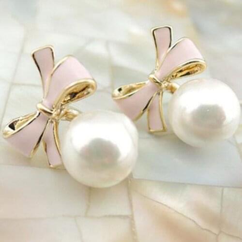 Korea Style Clip on Earring No Pierced for Women simulated pearl Charm pink white Bowknot no pierced Earrings Jiofree