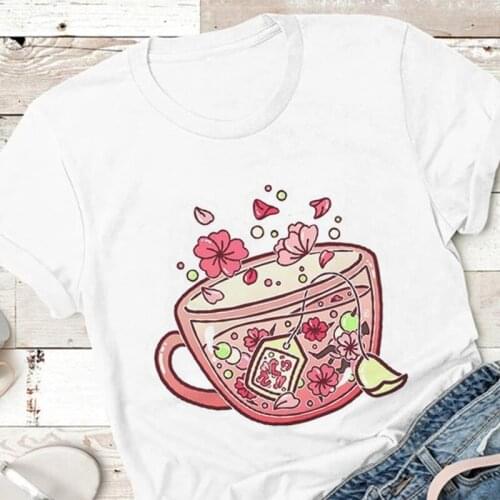 ZOGANKIN Harajuku Kawaii Spring Summer Tshirt Flower Tea Drink Cute Cartoon Women T shirt Casual Tumblr Outfit Fashion Tops