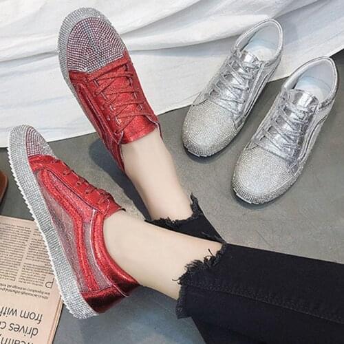 2020 Spring Fashion Lady Shine Shoes Women Sneaker Rhinestone Silver Girl Crystal Bling Cross-tied Lace Up Glitter