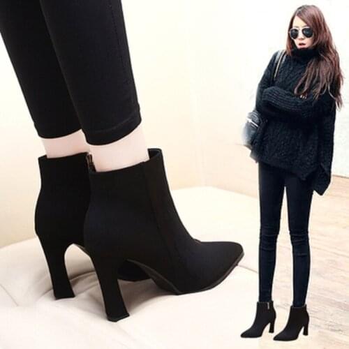 2019 autumn and winter high heel thick heel boots sexy pointed plus velvet suede womens boots