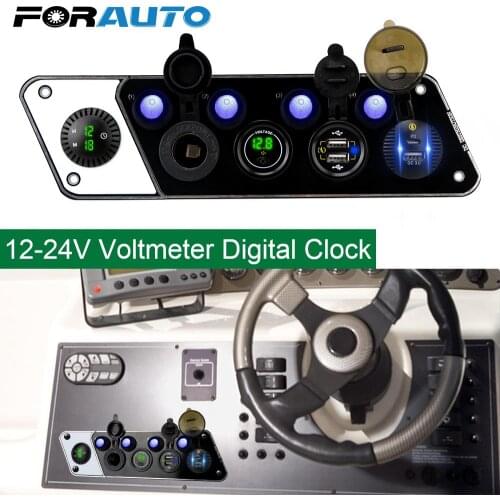 For Car Marine 12-24V 36W QC3.0 PD Dual USB Cigar Lighter Digital Voltmeter Clock Charger Socket Waterproof 4 Gang Switch Panel
