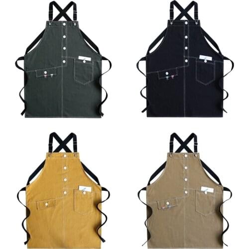 Denim Coffee Shop Apron Adjustable Cross Back Buckle Buttons Bib with Pocket N0PA