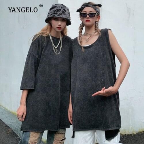 Yangelo Harajuku Distressed T-shirt Women Summer Autumn Short Sleeved Punk Retro Street Fashion Loose Top Couples Sisters Unisex