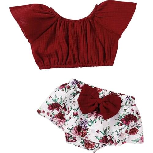 2 Pcs Newborn Summer Outfits, Baby Girl Solid Color Short Sleeve Round Neck Pullover + Floral Bowknot Culotte
